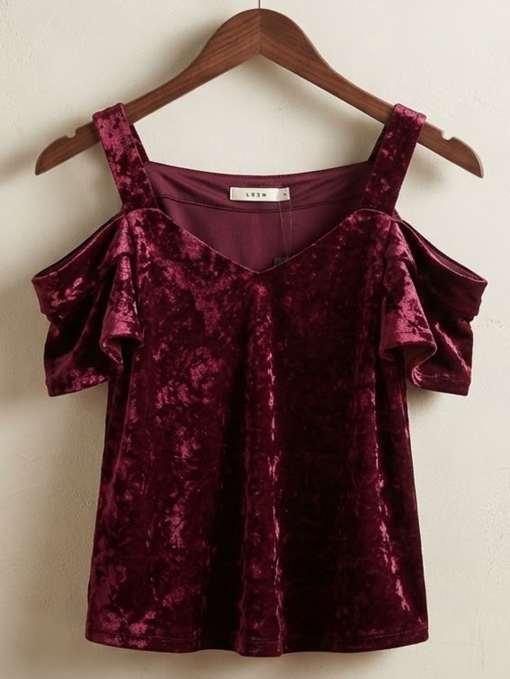 NWT LUSH Burgundy Crushed Velvet Cold Shoulder Ruffle Top M